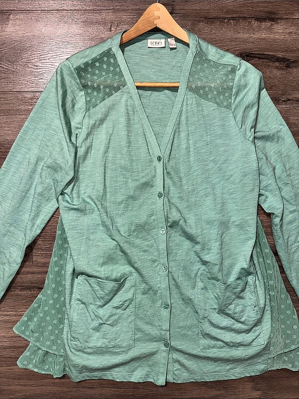 LOGO by Lori Goldstein Regular Knit Cardigan with Clip Dot Trim Cotton Sage Gree